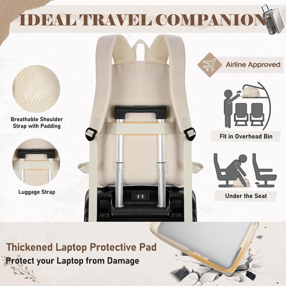 Women's Beige 15.6in Waterproof Work Travel Backpacks With Usb Charger Port - Picture 5 of 6